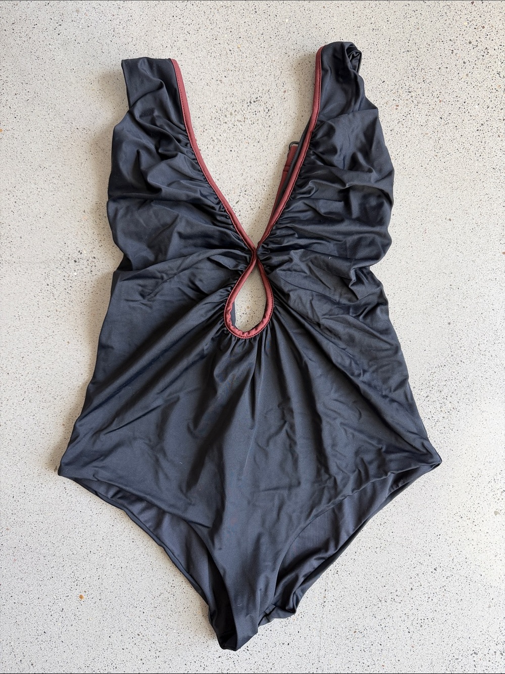 Johanna Ortiz Black One-Piece Swimsuit with Red Trim